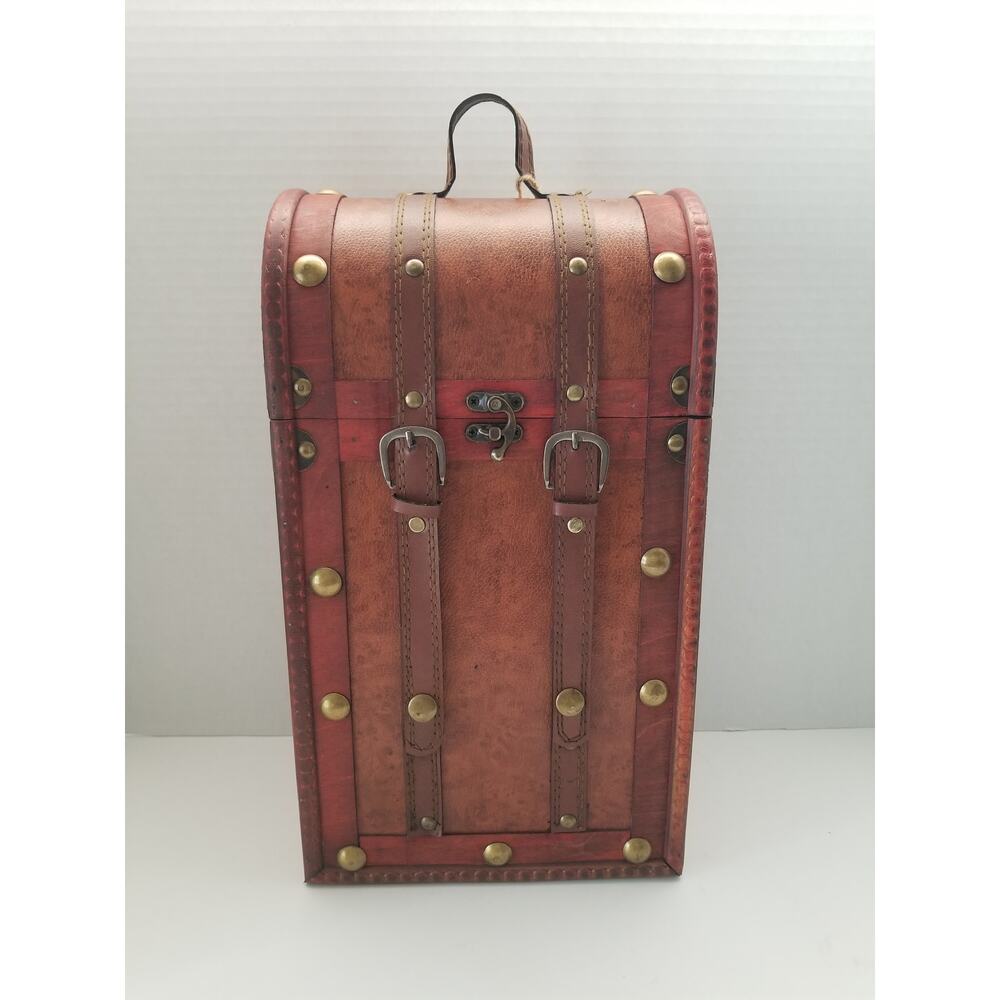 Twine Living Two Bottle Wood Wine Box Wood and Faux Leather Brass Lock New